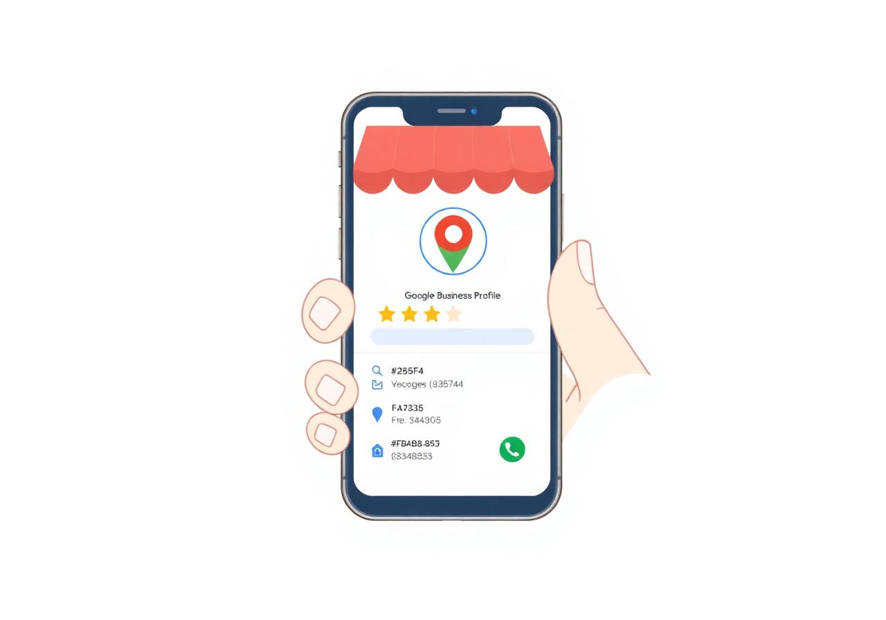 Ilustração de um Google Business Profile | Perfil da Empresa no Google em um celular, como um cartão de visitas digital.