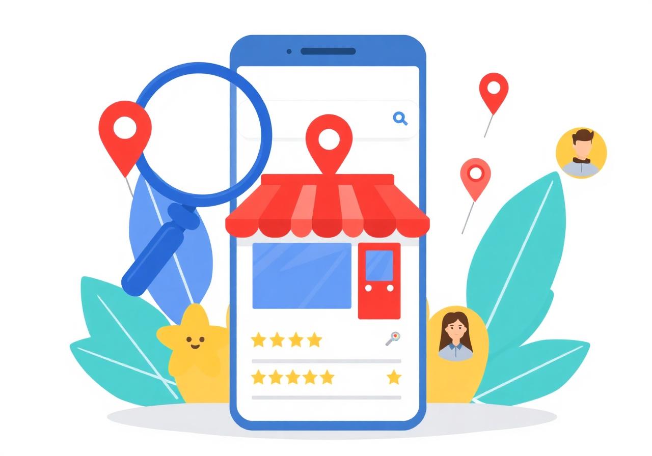 Ilustração de uma loja local aparecendo nos resultados de busca do Google, com lupa, avaliações e clientes.